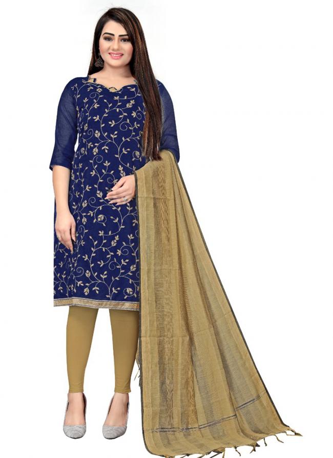 Chanderi Cotton Navy Blue Daily Wear Embroidery Work Churidar Suit